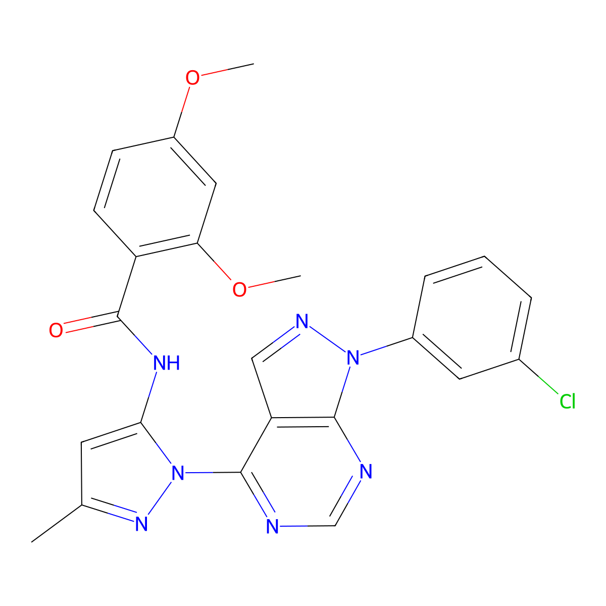 N-{1-[1-(3-chlorophenyl)-1H-pyrazolo[3,4-d]pyrimidin-4-yl]-3-methyl-1H-pyrazol-5-yl}-2,4-dimethoxybenzamide molecular structure, CAS 1006305-62-9