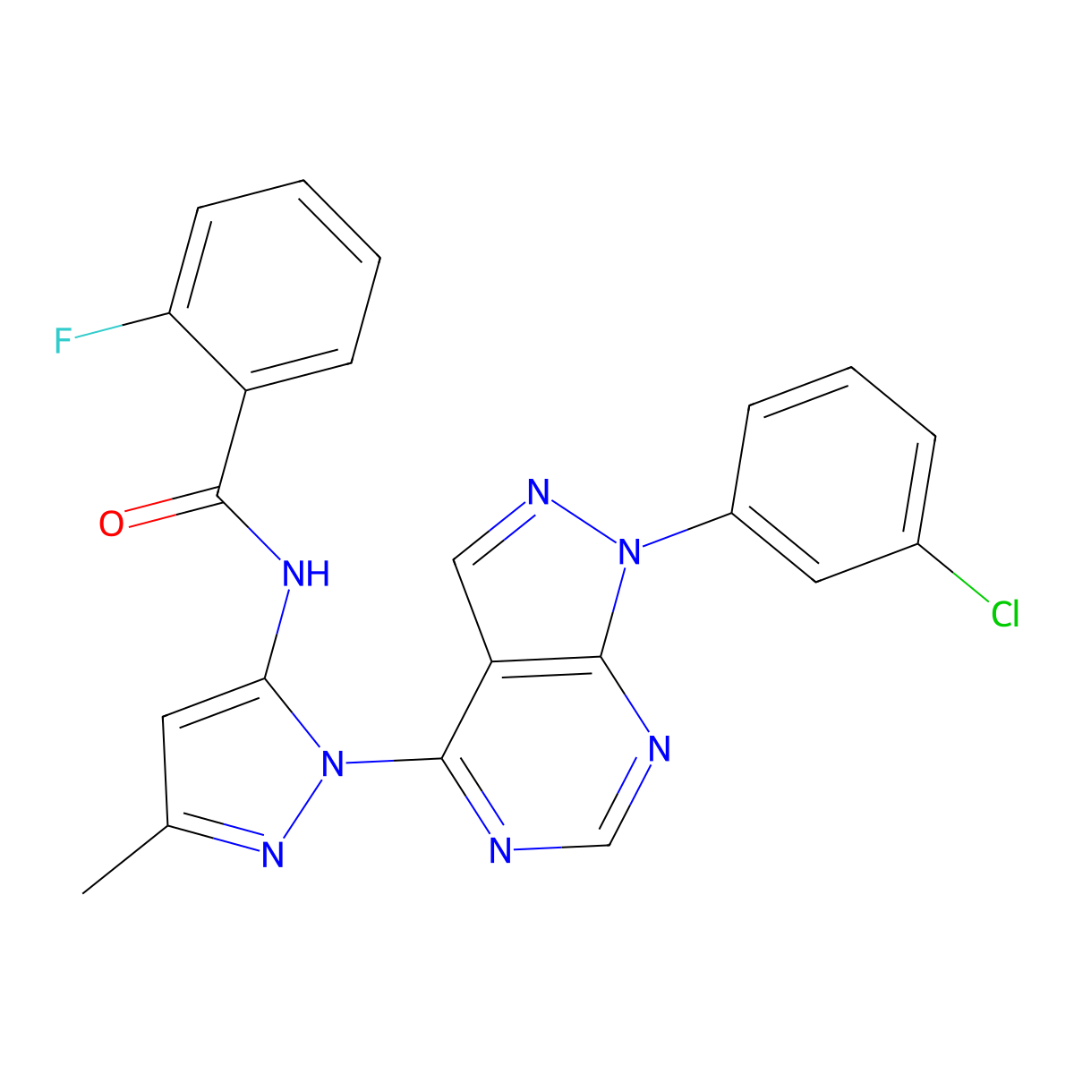 N-(1-(1-(3-chlorophenyl)-1H-pyrazolo[3,4-d]pyrimidin-4-yl)-3-methyl-1H-pyrazol-5-yl)-2-fluorobenzamide molecular structure, CAS 1006305-74-3