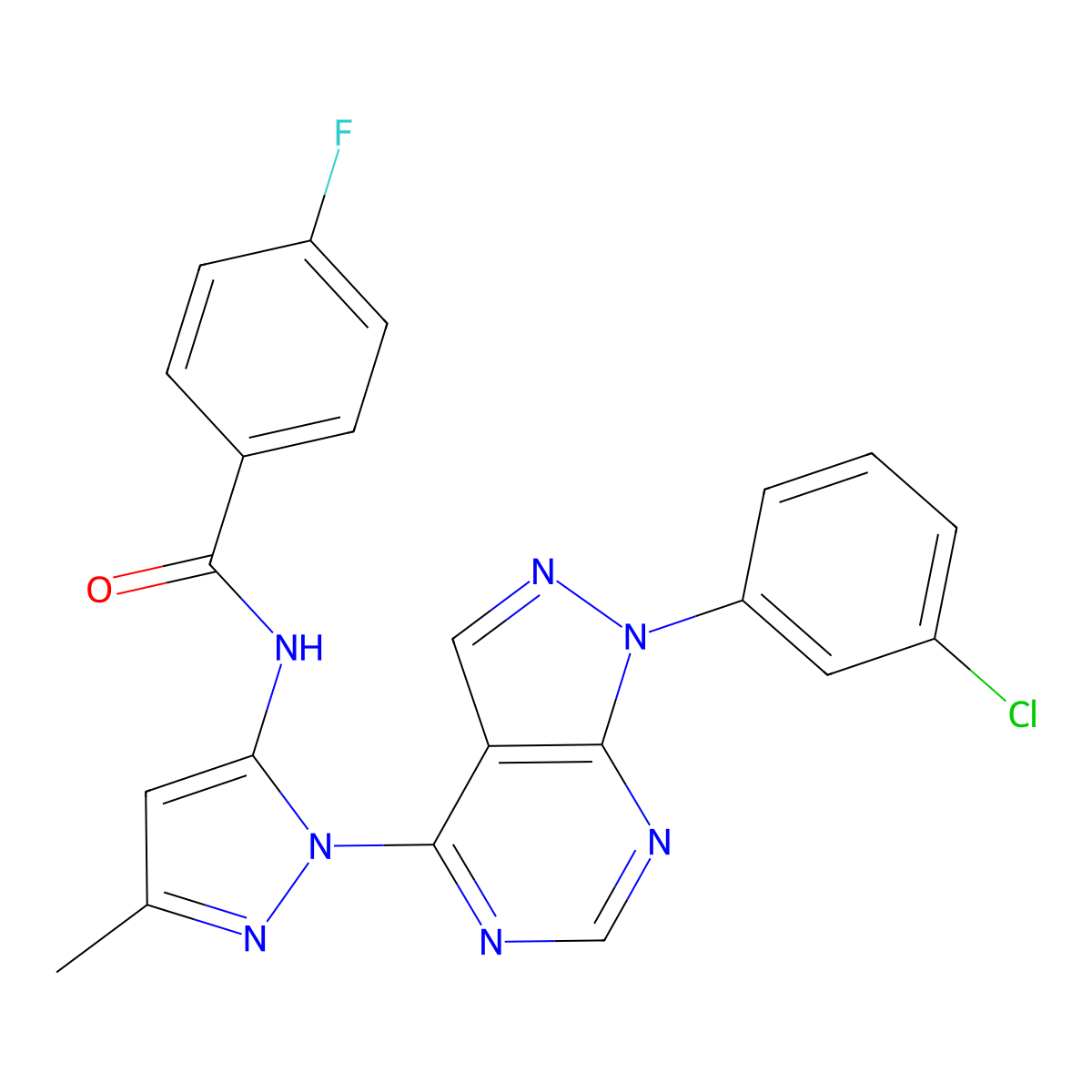 N-(1-(1-(3-chlorophenyl)-1H-pyrazolo[3,4-d]pyrimidin-4-yl)-3-methyl-1H-pyrazol-5-yl)-4-fluorobenzamide molecular structure, CAS 1006305-78-7
