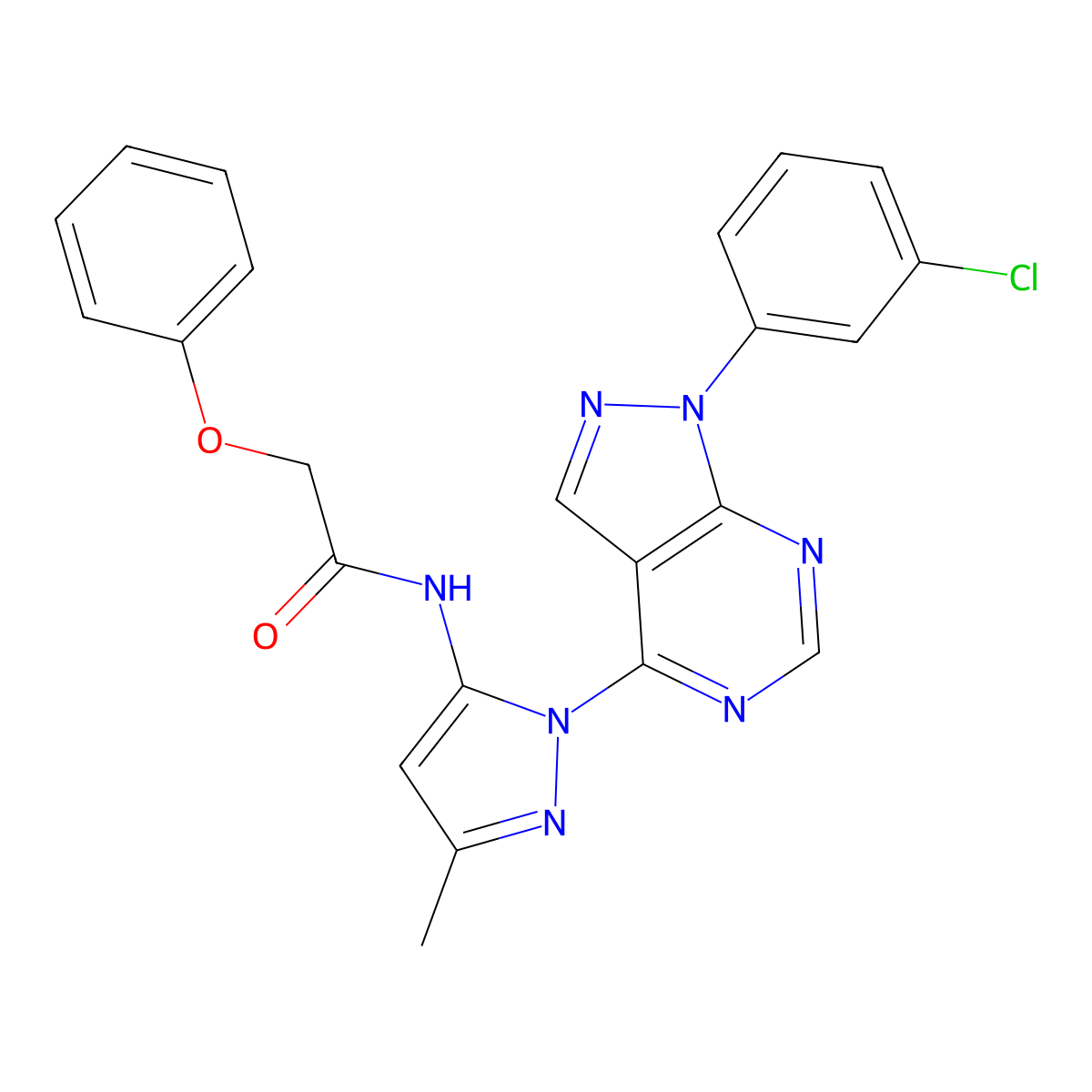 N-{1-[1-(3-chlorophenyl)-1H-pyrazolo[3,4-d]pyrimidin-4-yl]-3-methyl-1H-pyrazol-5-yl}-2-phenoxyacetamide molecular structure, CAS 1006306-09-7