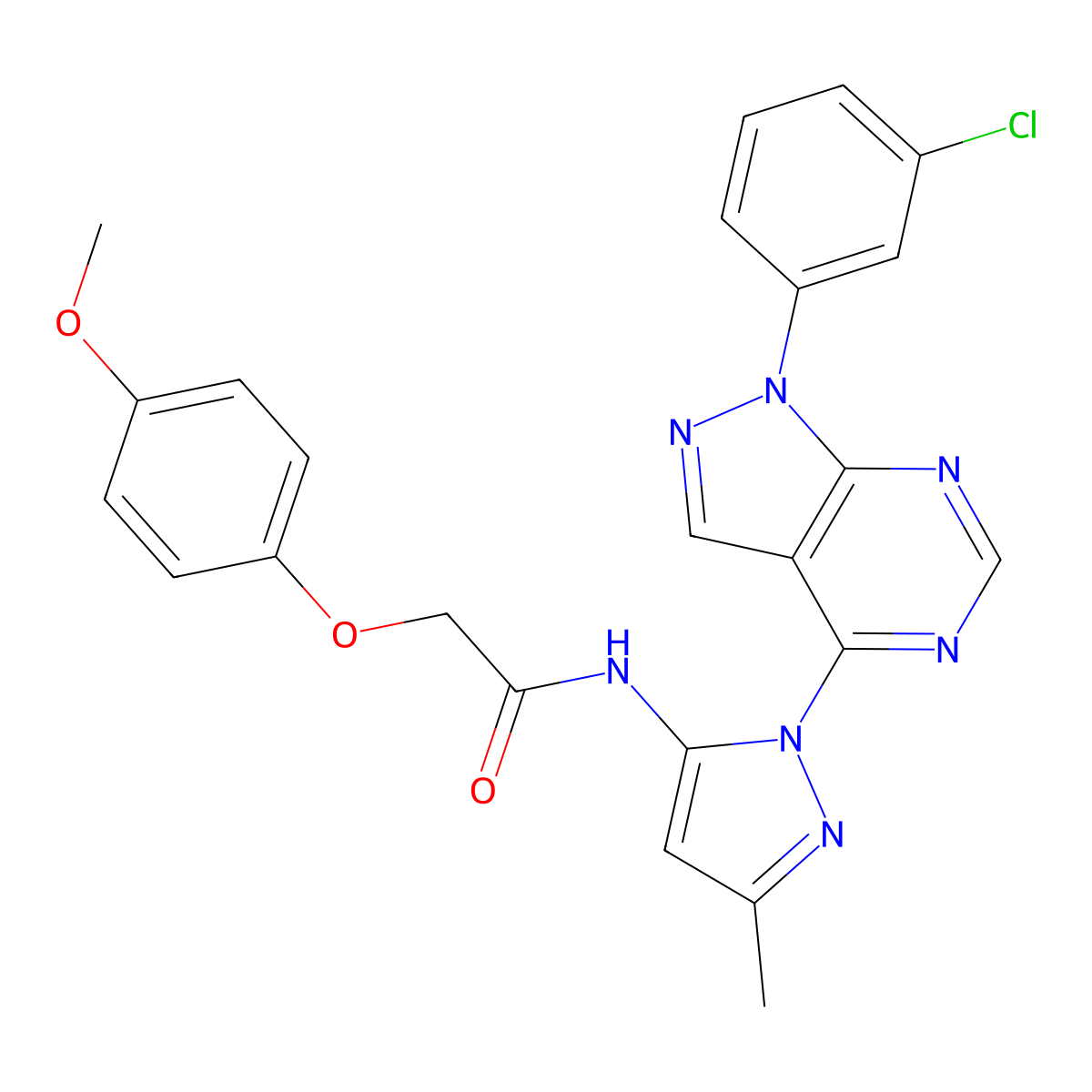 N-{1-[1-(3-chlorophenyl)-1H-pyrazolo[3,4-d]pyrimidin-4-yl]-3-methyl-1H-pyrazol-5-yl}-2-(4-methoxyphenoxy)acetamide molecular structure, CAS 1006306-15-5