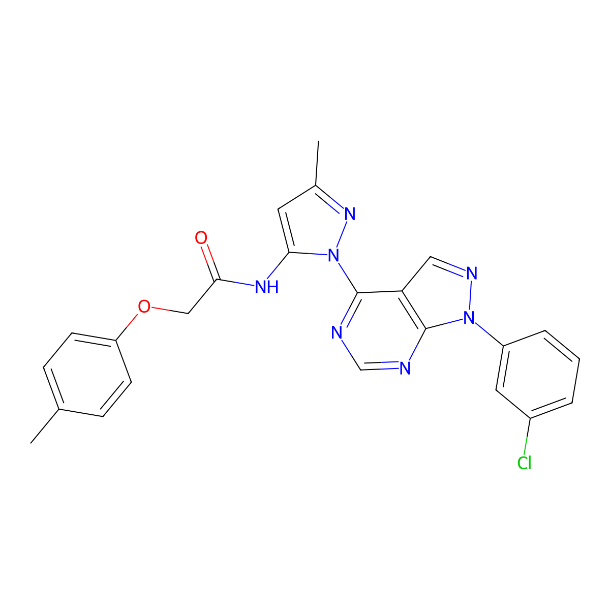 N-{1-[1-(3-chlorophenyl)-1H-pyrazolo[3,4-d]pyrimidin-4-yl]-3-methyl-1H-pyrazol-5-yl}-2-(4-methylphenoxy)acetamide molecular structure, CAS 1006306-18-8