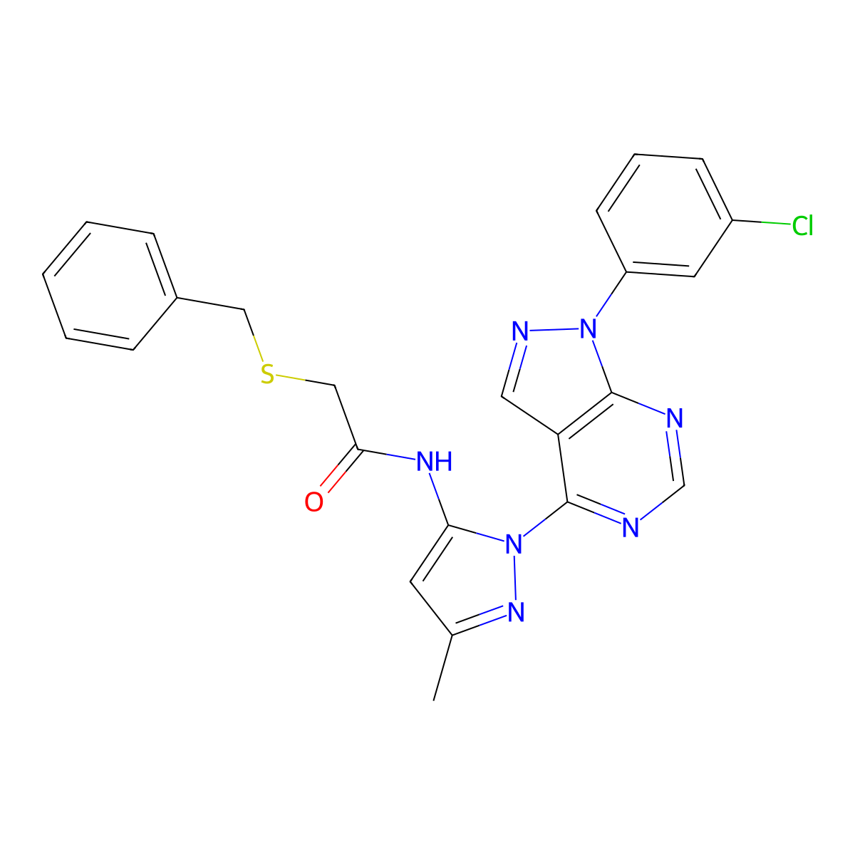 2-(benzylsulfanyl)-N-{1-[1-(3-chlorophenyl)-1H-pyrazolo[3,4-d]pyrimidin-4-yl]-3-methyl-1H-pyrazol-5-yl}acetamide molecular structure, CAS 1006306-22-4