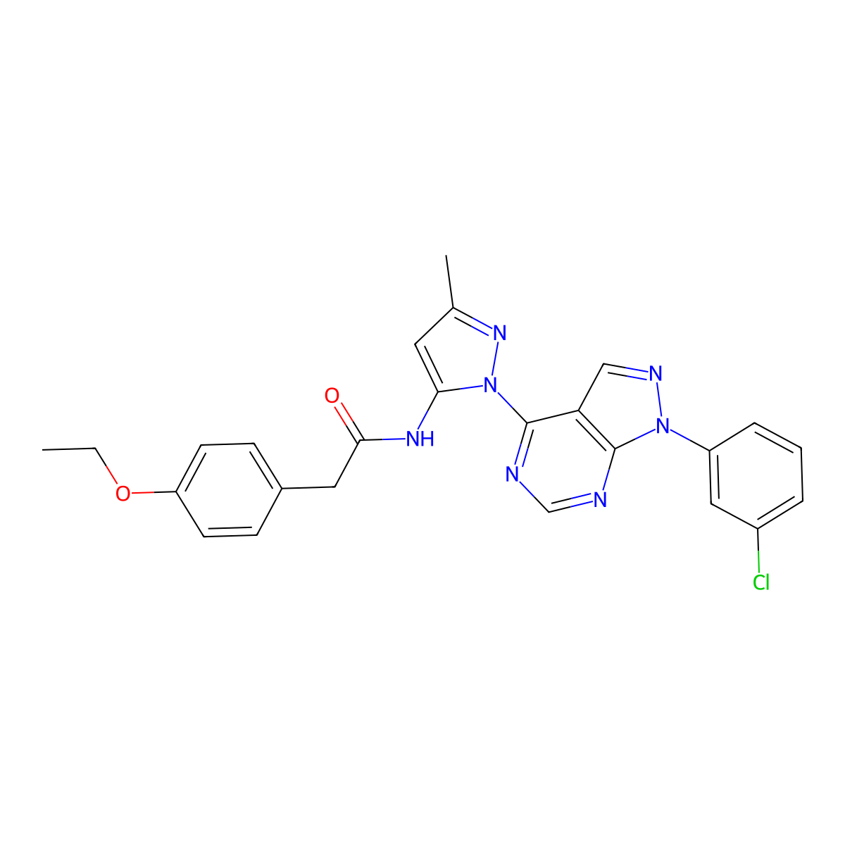 N-{1-[1-(3-chlorophenyl)-1H-pyrazolo[3,4-d]pyrimidin-4-yl]-3-methyl-1H-pyrazol-5-yl}-2-(4-ethoxyphenyl)acetamide molecular structure, CAS 1006306-26-8