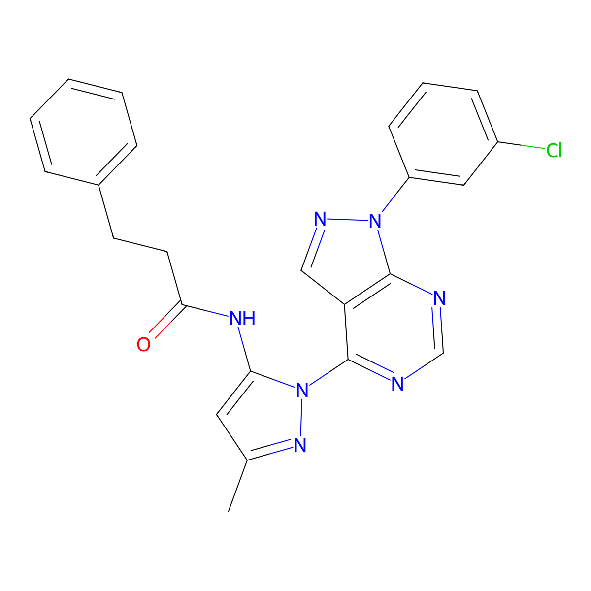 N-(1-(1-(3-chlorophenyl)-1H-pyrazolo[3,4-d]pyrimidin-4-yl)-3-methyl-1H-pyrazol-5-yl)-3-phenylpropanamide molecular structure, CAS 1006306-34-8