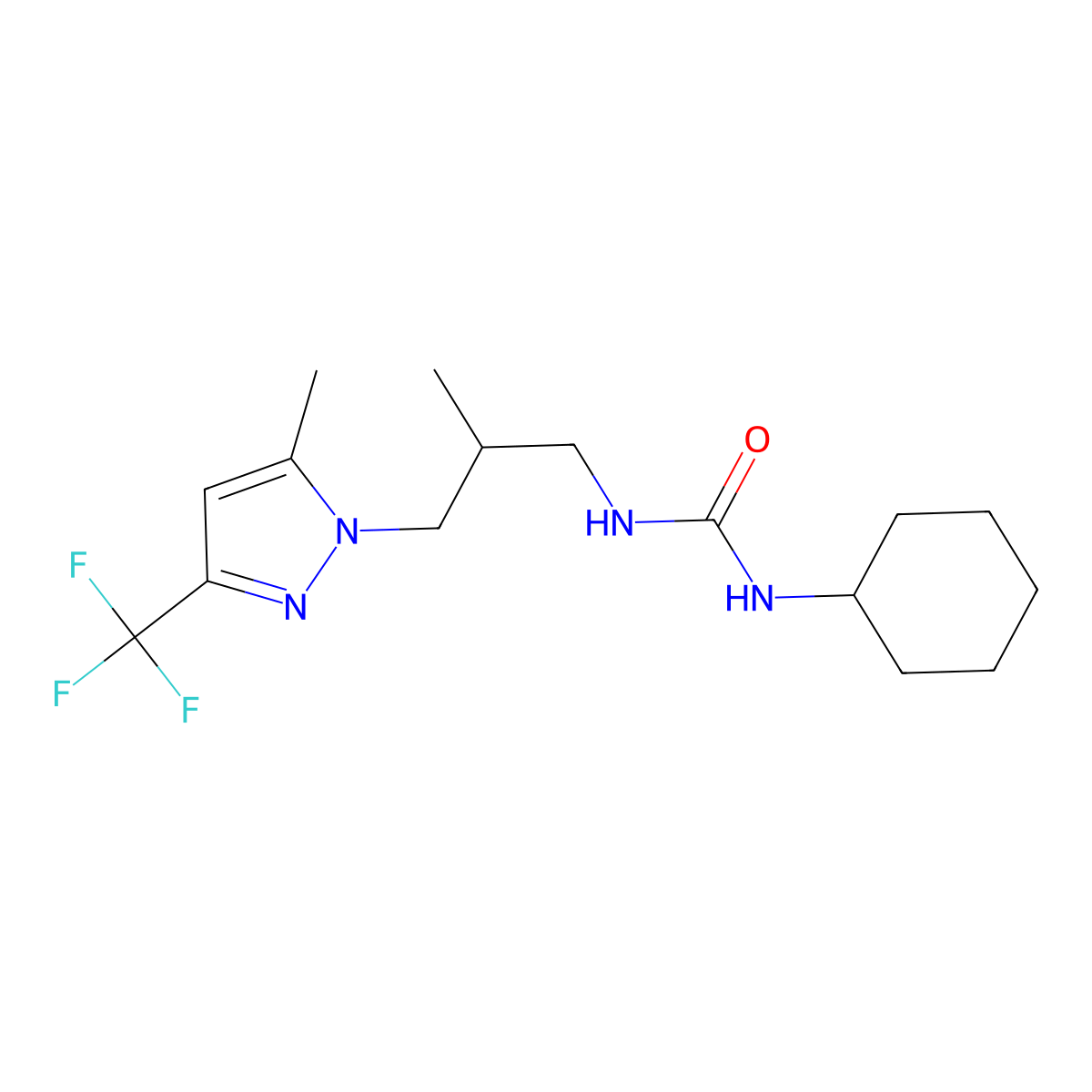 1-cyclohexyl-3-{2-methyl-3-[5-methyl-3-(trifluoromethyl)-1H-pyrazol-1-yl]propyl}urea molecular structure, CAS 1006315-04-3