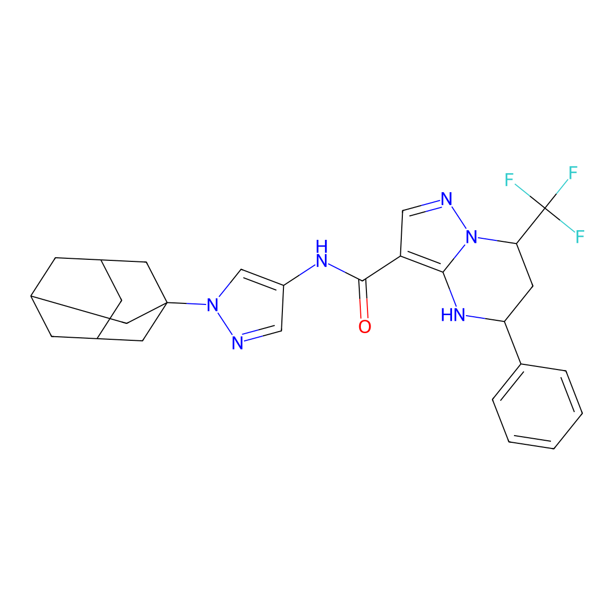 5-phenyl-N-[1-(tricyclo[3.3.1.1~3,7~]dec-1-yl)-1H-pyrazol-4-yl]-7-(trifluoromethyl)-4,5,6,7-tetrahydropyrazolo[1,5-a]pyrimidine-3-carboxamide molecular structure, CAS 1006315-61-2