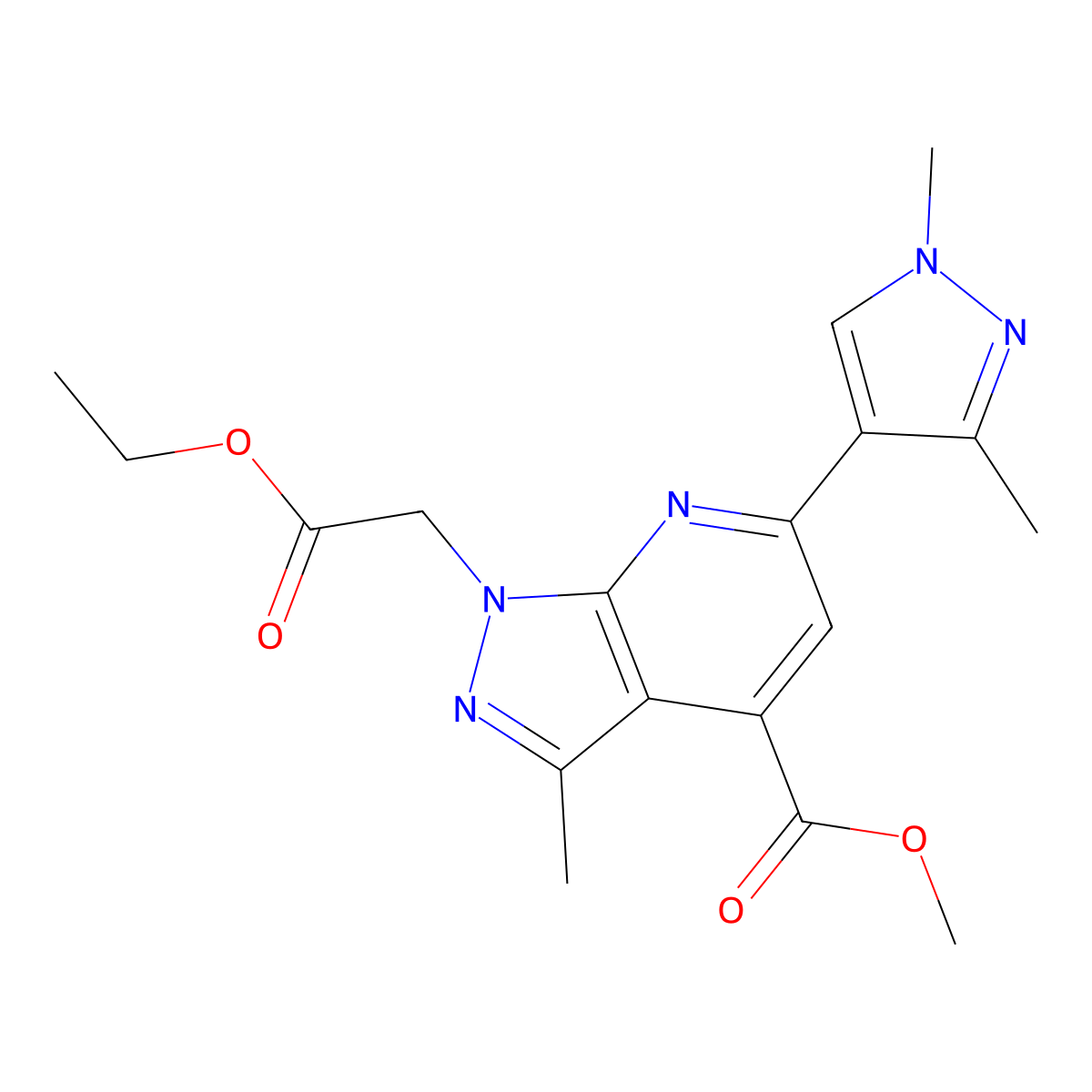 methyl 6-(1,3-dimethyl-1H-pyrazol-4-yl)-1-(2-ethoxy-2-oxoethyl)-3-methyl-1H-pyrazolo[3,4-b]pyridine-4-carboxylate molecular structure, CAS 1006319-04-5