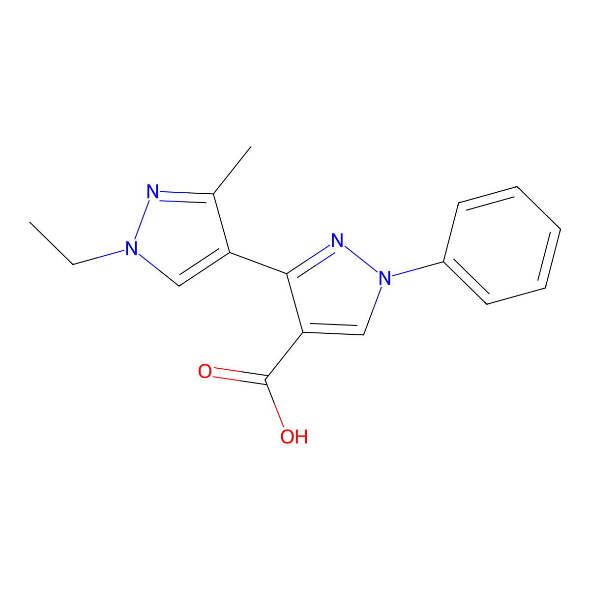 1'-ethyl-3'-methyl-1-phenyl-1H,1'H-3,4'-bipyrazole-4-carboxylic acid molecular structure, CAS 1006320-04-2