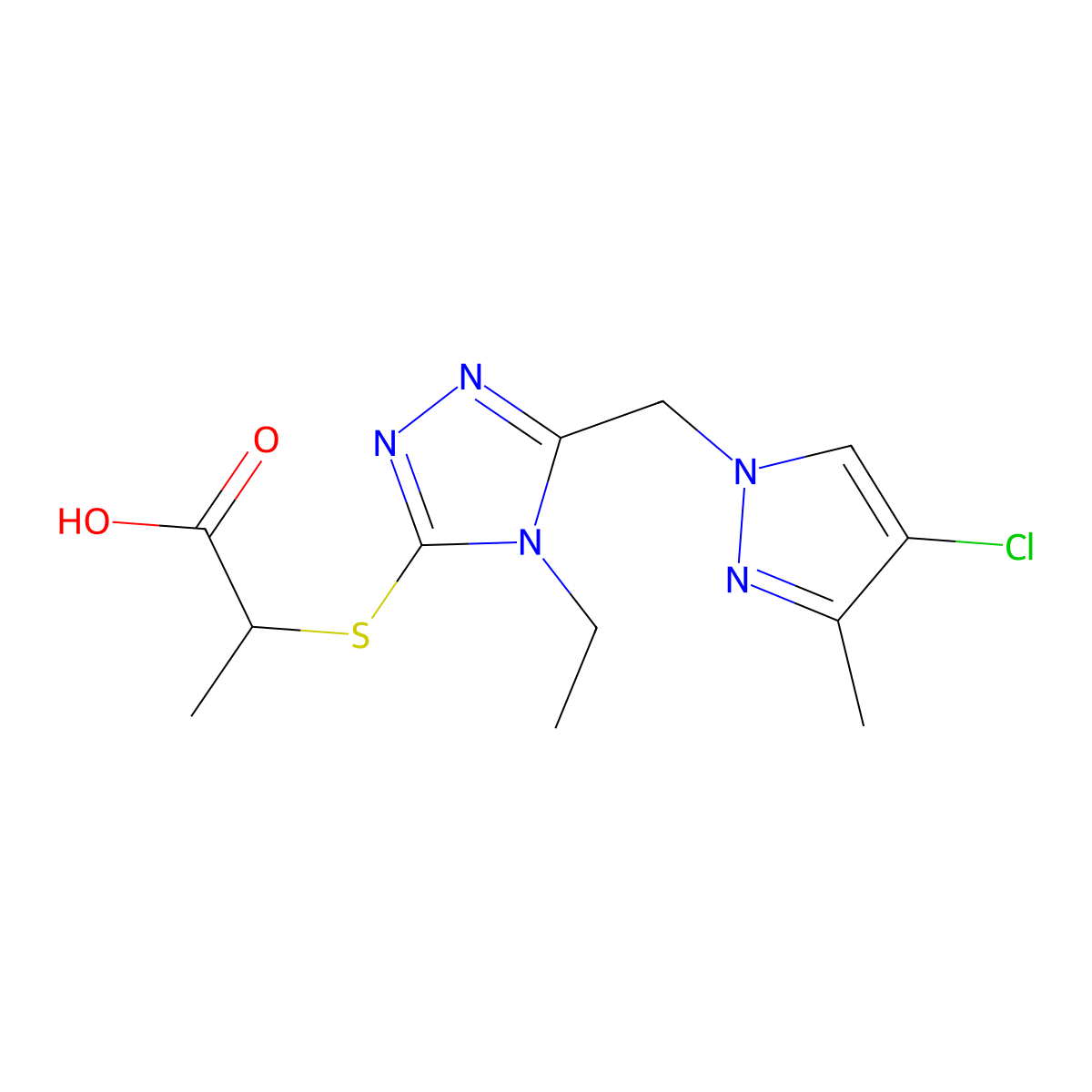 2-((5-[(4-Chloro-3-methyl-1H-pyrazol-1-yl)methyl]-4-ethyl-4H-1,2,4-triazol-3-yl)thio)propanoic acid molecular structure, CAS 1006320-09-7