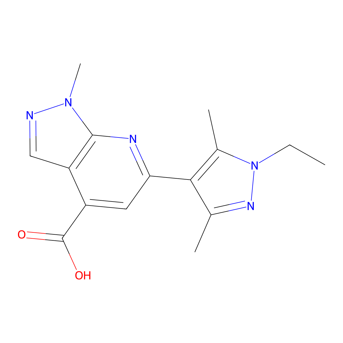 6-(1-ethyl-3,5-dimethyl-1H-pyrazol-4-yl)-1-methyl-1H-pyrazolo[3,4-b]pyridine-4-carboxylic acid molecular structure, CAS 1006320-14-4