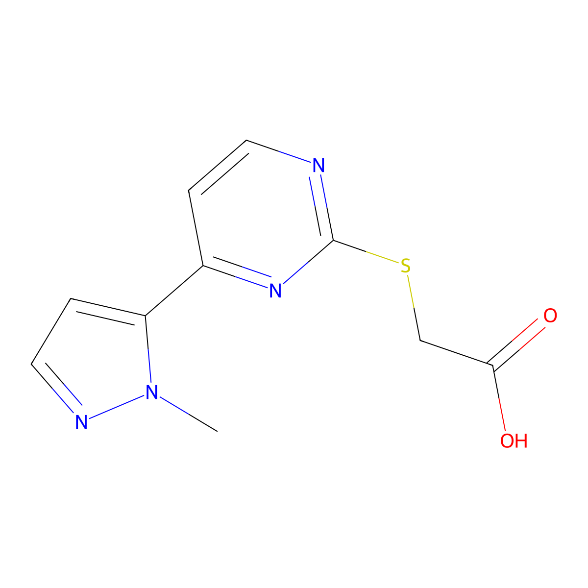 2-((4-(1-Methyl-1H-pyrazol-5-yl)pyrimidin-2-yl)thio)acetic acid molecular structure, CAS 1006320-18-8