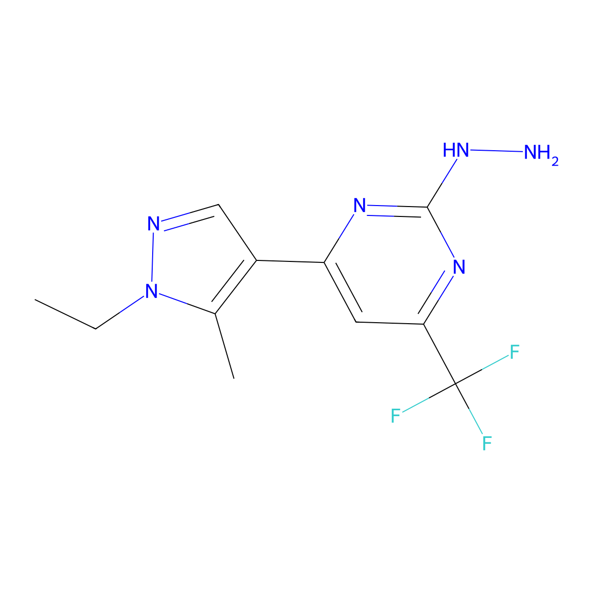 4-(1-ethyl-5-methyl-1H-pyrazol-4-yl)-2-hydrazinyl-6-(trifluoromethyl)pyrimidine molecular structure, CAS 1006320-20-2