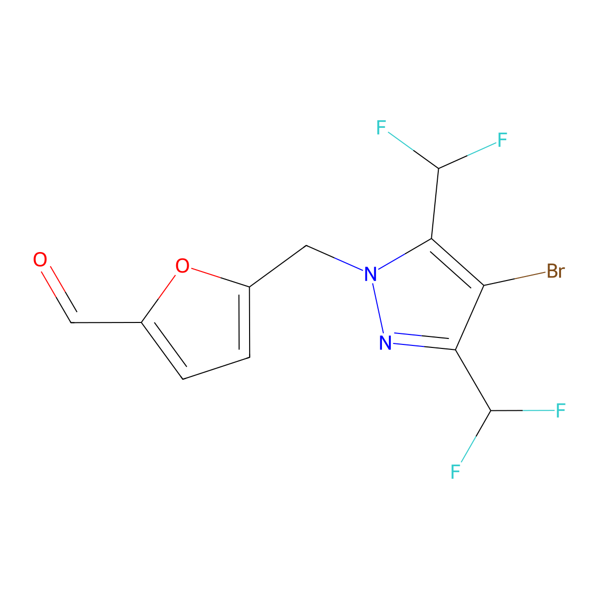 5-((4-Bromo-3,5-bis(difluoromethyl)-1H-pyrazol-1-yl)methyl)furan-2-carbaldehyde molecular structure, CAS 1006320-27-9