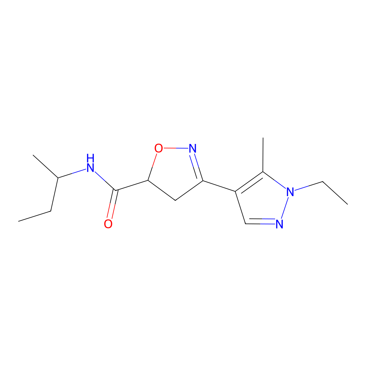 N-(butan-2-yl)-3-(1-ethyl-5-methyl-1H-pyrazol-4-yl)-4,5-dihydro-1,2-oxazole-5-carboxamide molecular structure, CAS 1006321-56-7