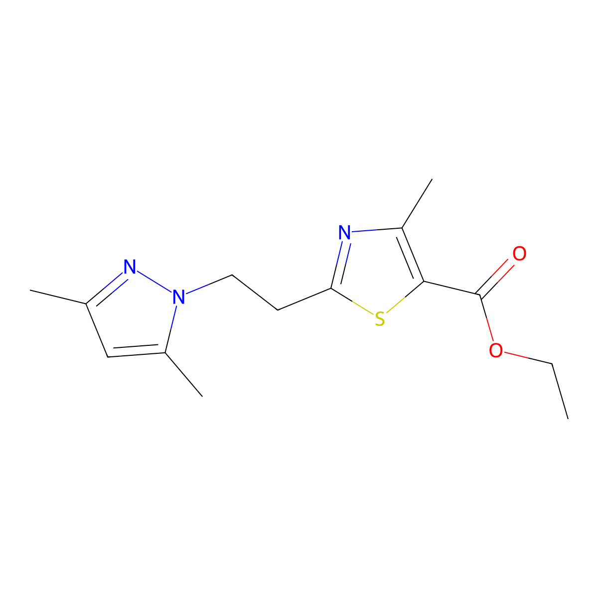 Ethyl 2-(2-(3,5-dimethyl-1H-pyrazol-1-yl)ethyl)-4-methylthiazole-5-carboxylate molecular structure, CAS 1006321-89-6