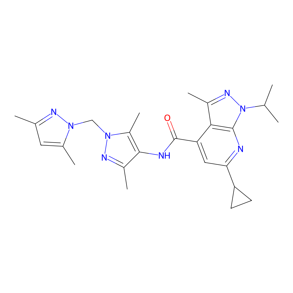 6-cyclopropyl-N-{1-[(3,5-dimethyl-1H-pyrazol-1-yl)methyl]-3,5-dimethyl-1H-pyrazol-4-yl}-3-methyl-1-(propan-2-yl)-1H-pyrazolo[3,4-b]pyridine-4-carboxamide molecular structure, CAS 1006322-15-1