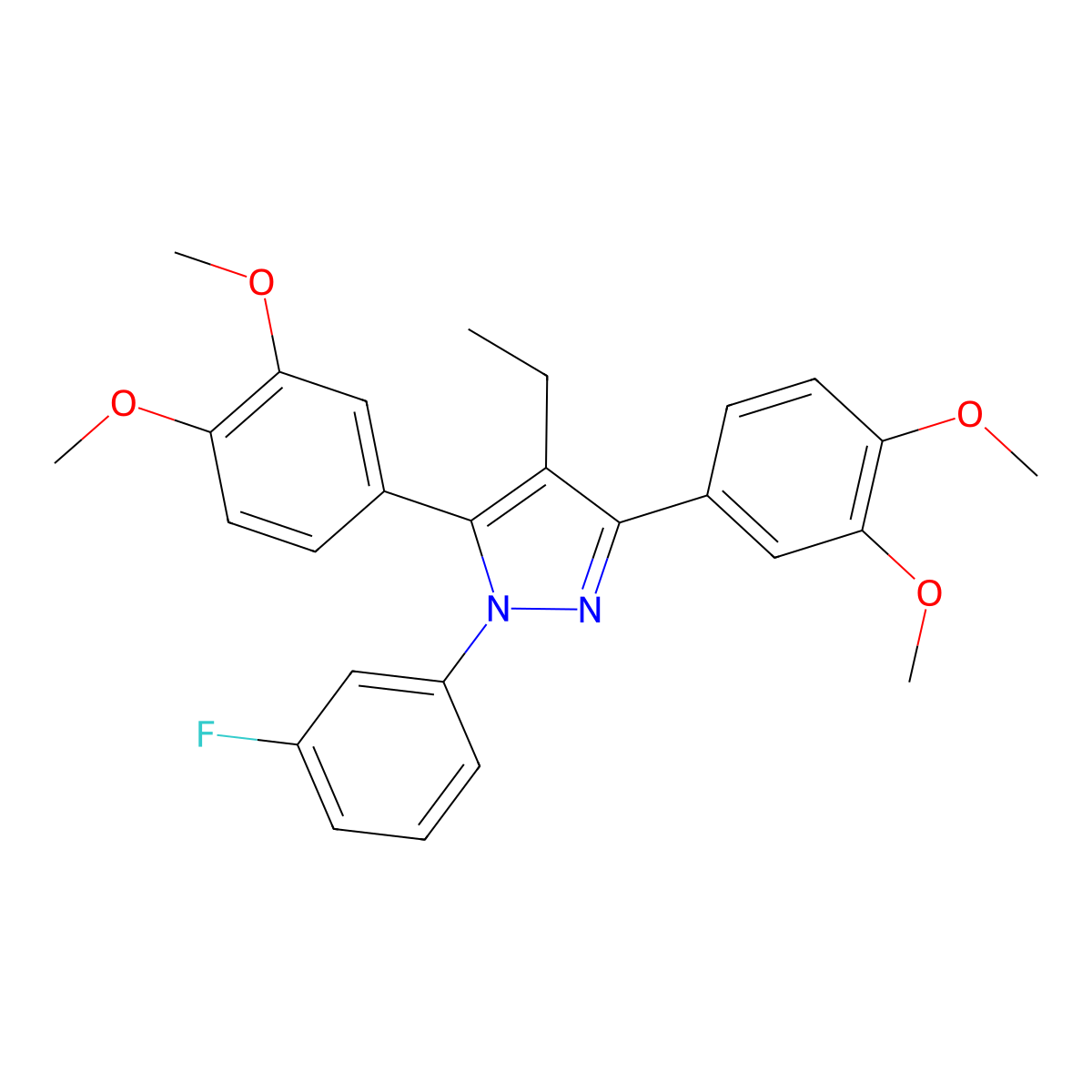 3,5-bis(3,4-dimethoxyphenyl)-4-ethyl-1-(3-fluorophenyl)-1H-pyrazole molecular structure, CAS 1006322-95-7