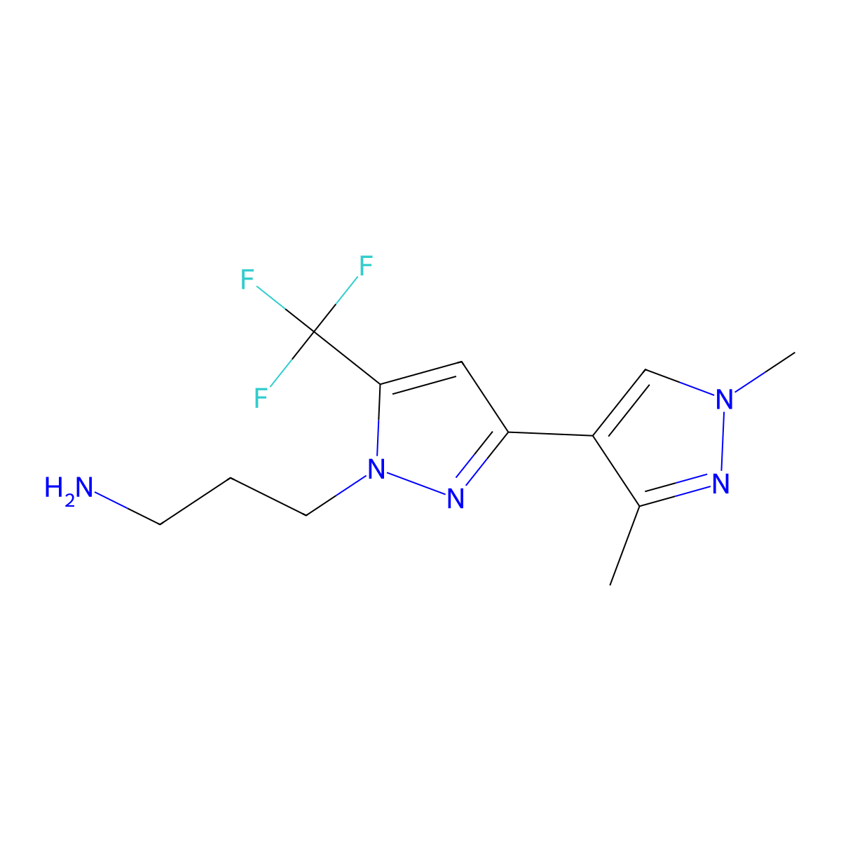 3-(3-(1,3-dimethyl-1H-pyrazol-4-yl)-5-(trifluoromethyl)-1H-pyrazol-1-yl)propan-1-amine molecular structure, CAS 1006323-05-2