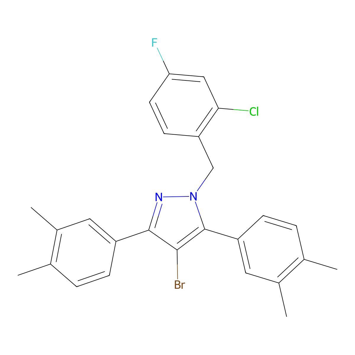 4-Bromo-1-((2-chloro-4-fluorophenyl)methyl)-3,5-bis(3,4-dimethylphenyl)-1H-pyrazole molecular structure, CAS 1006323-08-5