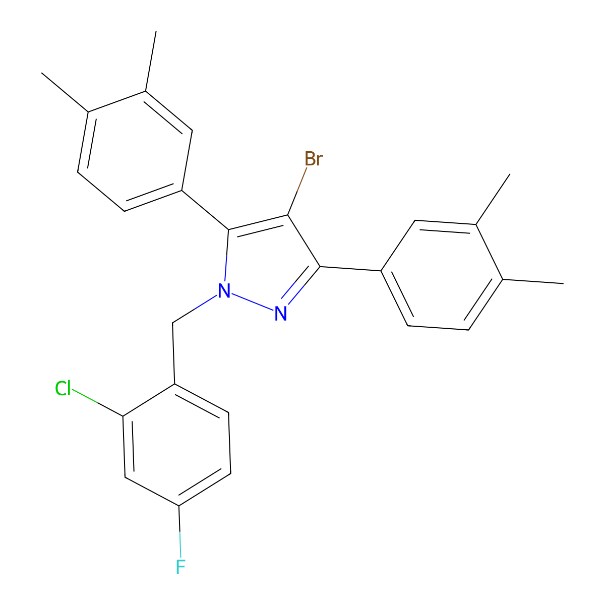 4-Bromo-1-((2-chloro-4-fluorophenyl)methyl)-3,5-bis(3,4-dimethylphenyl)-1H-pyrazole molecular structure, CAS 1006323-08-5