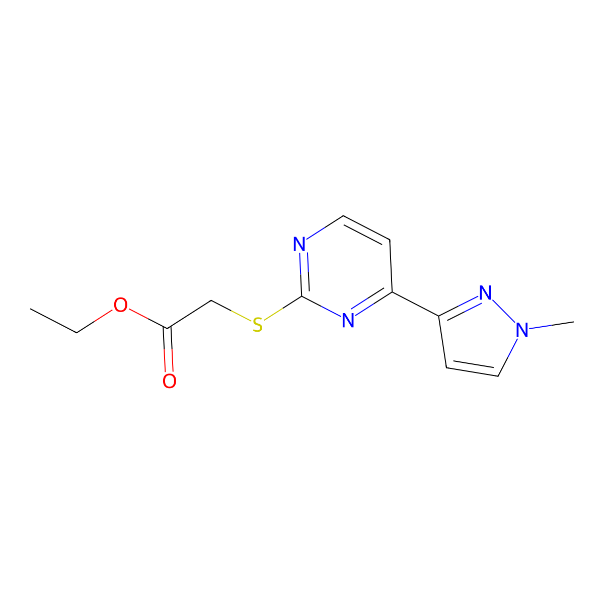 Ethyl 2-((4-(1-methyl-1H-pyrazol-3-yl)pyrimidin-2-yl)thio)acetate molecular structure, CAS 1006323-19-8