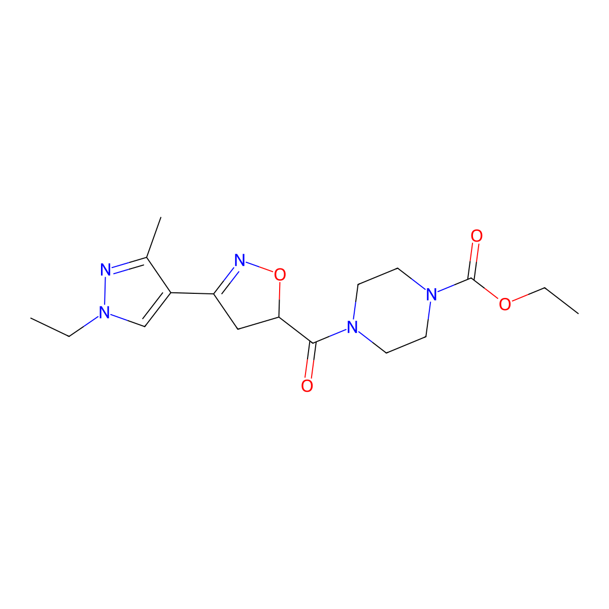 ethyl 4-{[3-(1-ethyl-3-methyl-1H-pyrazol-4-yl)-4,5-dihydro-1,2-oxazol-5-yl]carbonyl}piperazine-1-carboxylate molecular structure, CAS 1006325-17-2