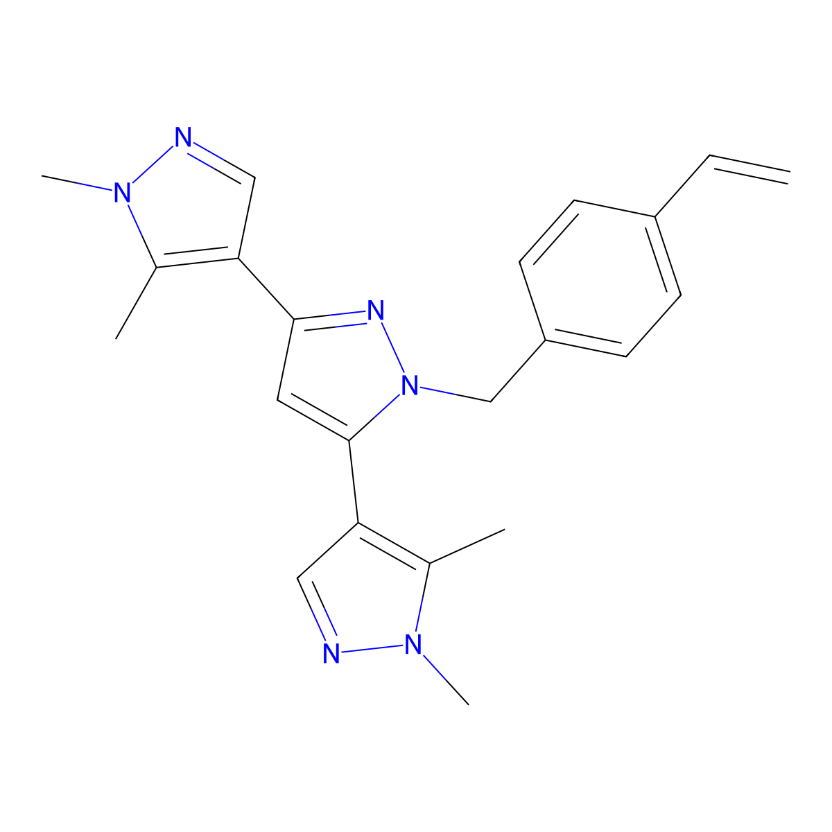 3,5-Bis(1,5-dimethylpyrazol-4-yl)-1-[(4-ethenylphenyl)methyl]pyrazole molecular structure, CAS 1006326-19-7