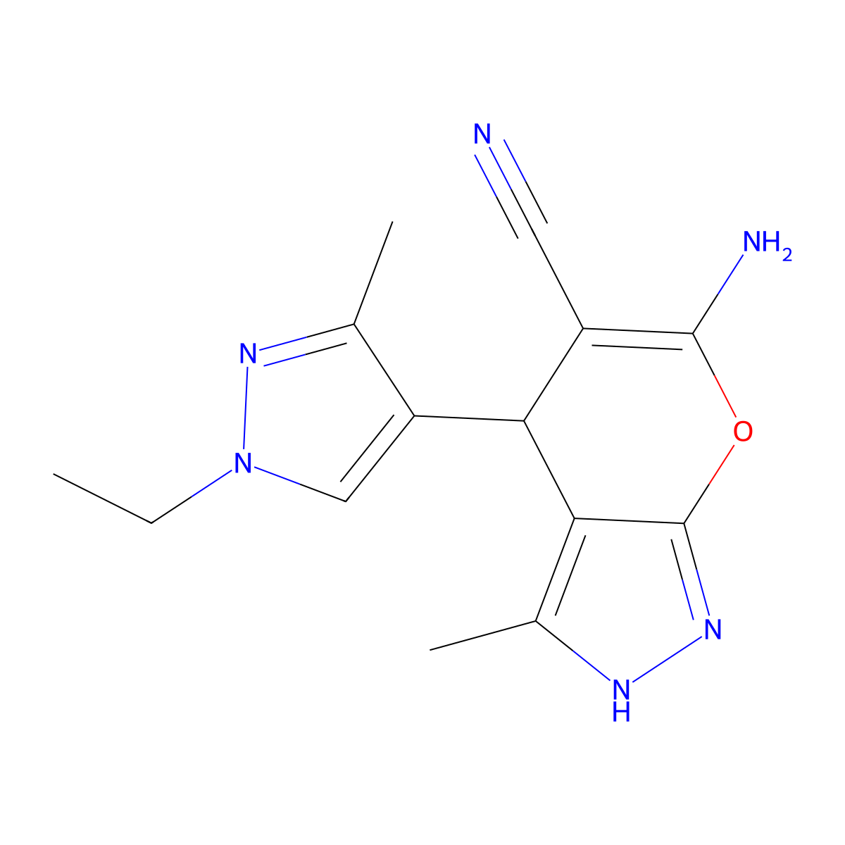 6-amino-4-(1-ethyl-3-methyl-1H-pyrazol-4-yl)-3-methyl-1,4-dihydropyrano[2,3-c]pyrazole-5-carbonitrile molecular structure, CAS 1006326-38-0