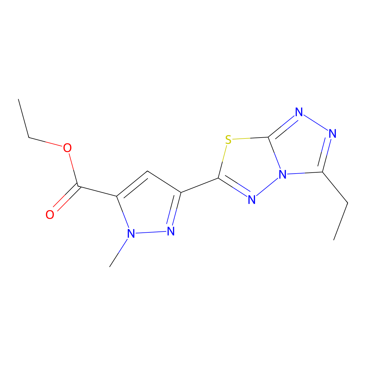 Ethyl 3-(3-ethyl-[1,2,4]triazolo[3,4-b][1,3,4]thiadiazol-6-yl)-1-methyl-1H-pyrazole-5-carboxylate molecular structure, CAS 1006326-48-2