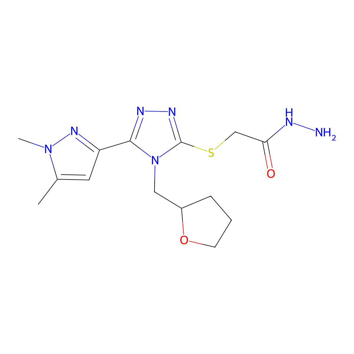 2-{[5-(1,5-Dimethyl-1H-pyrazol-3-YL)-4-(tetrahydrofuran-2-ylmethyl)-4H-1,2,4-triazol-3-YL]thio}acetohydrazide molecular structure, CAS 1006326-97-1