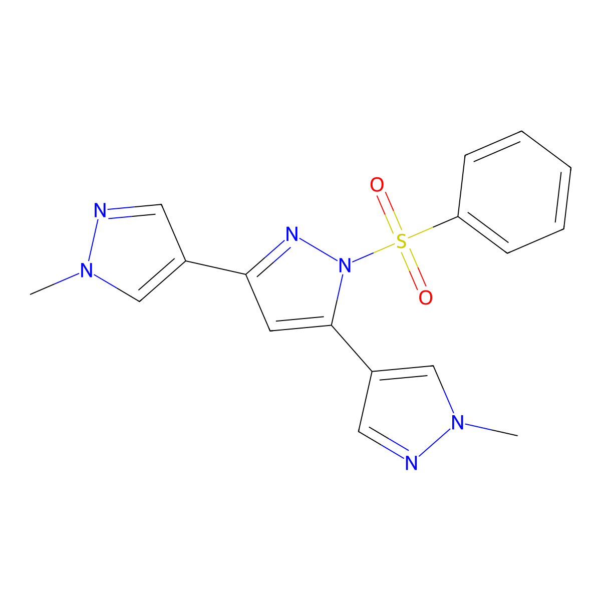 3,5-Bis(1-methylpyrazol-4-yl)-1-(phenylsulfonyl)pyrazole molecular structure, CAS 1006326-98-2
