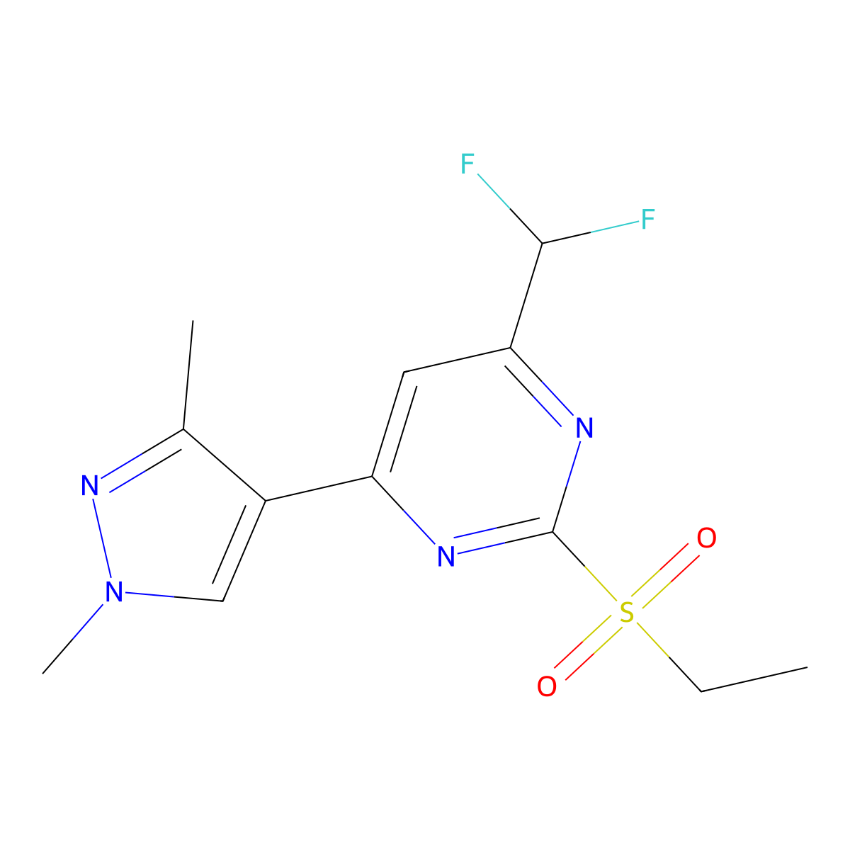 4-(difluoromethyl)-6-(1,3-dimethyl-1H-pyrazol-4-yl)-2-(ethylsulfonyl)pyrimidine molecular structure, CAS 1006327-15-6