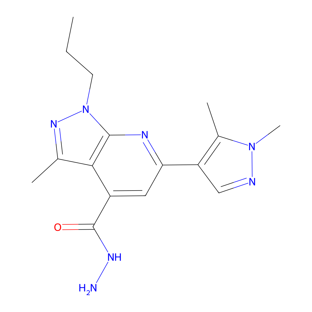 6-(1,5-dimethyl-1H-pyrazol-4-yl)-3-methyl-1-propyl-1H-pyrazolo[3,4-b]pyridine-4-carbohydrazide molecular structure, CAS 1006327-19-0