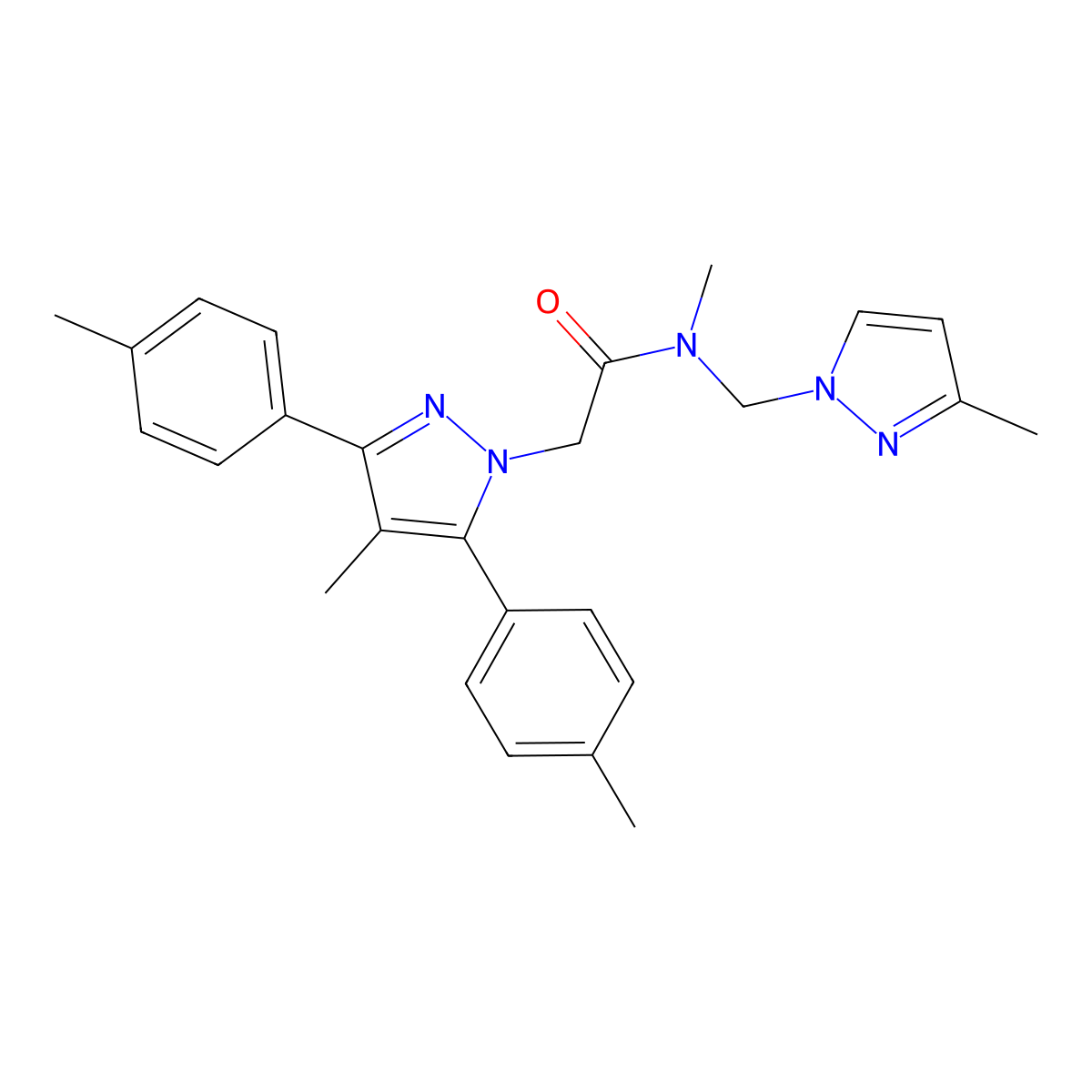 N-methyl-2-[4-methyl-3,5-bis(4-methylphenyl)-1H-pyrazol-1-yl]-N-[(3-methyl-1H-pyrazol-1-yl)methyl]acetamide molecular structure, CAS 1006327-23-6