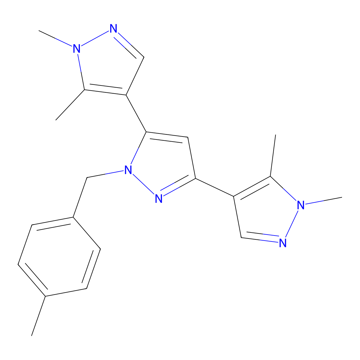 1,1'',5,5''-tetramethyl-1'-(4-methylbenzyl)-1H,1'H,1''H-4,3':5',4''-terpyrazole molecular structure, CAS 1006327-37-2