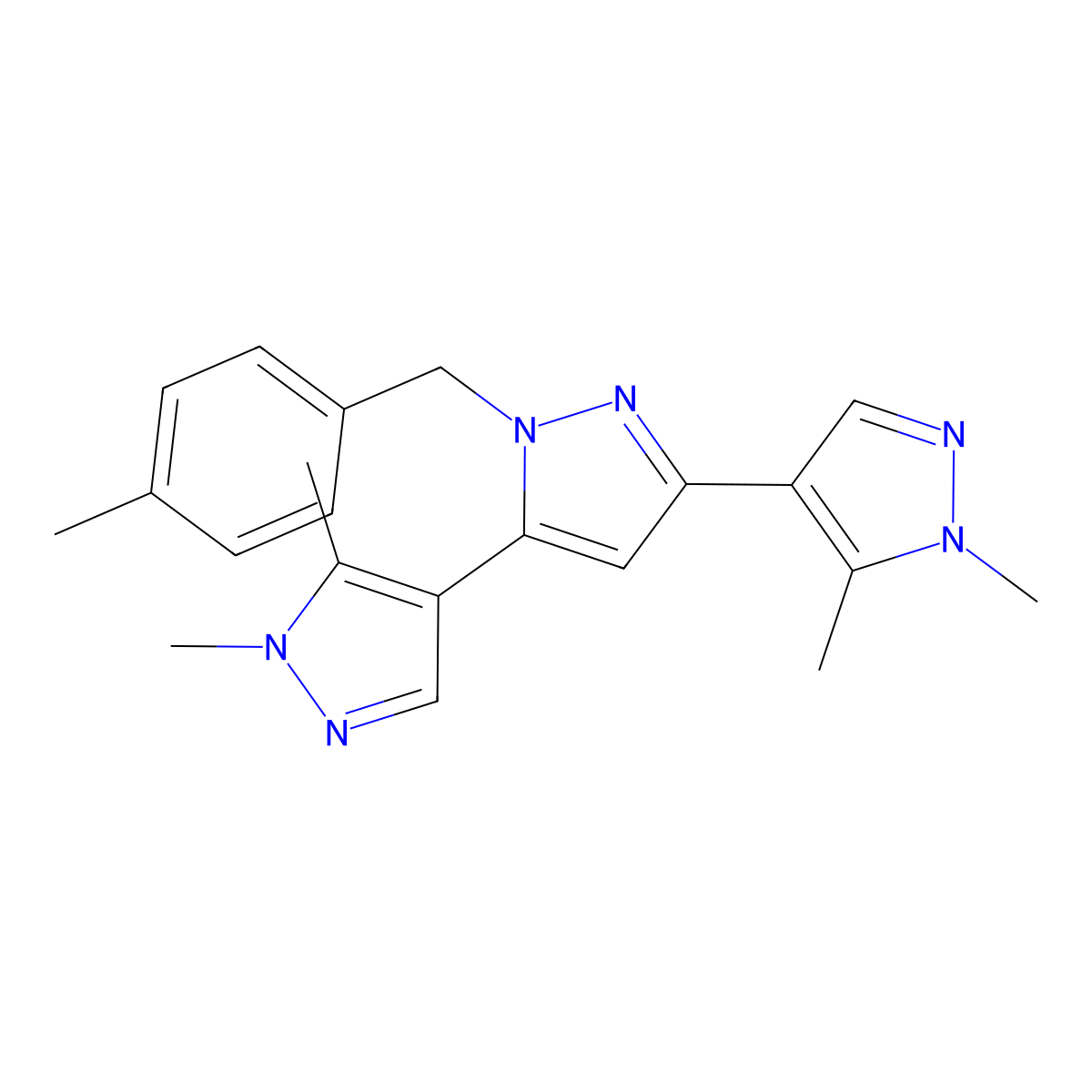 1,1'',5,5''-tetramethyl-1'-(4-methylbenzyl)-1H,1'H,1''H-4,3':5',4''-terpyrazole molecular structure, CAS 1006327-37-2