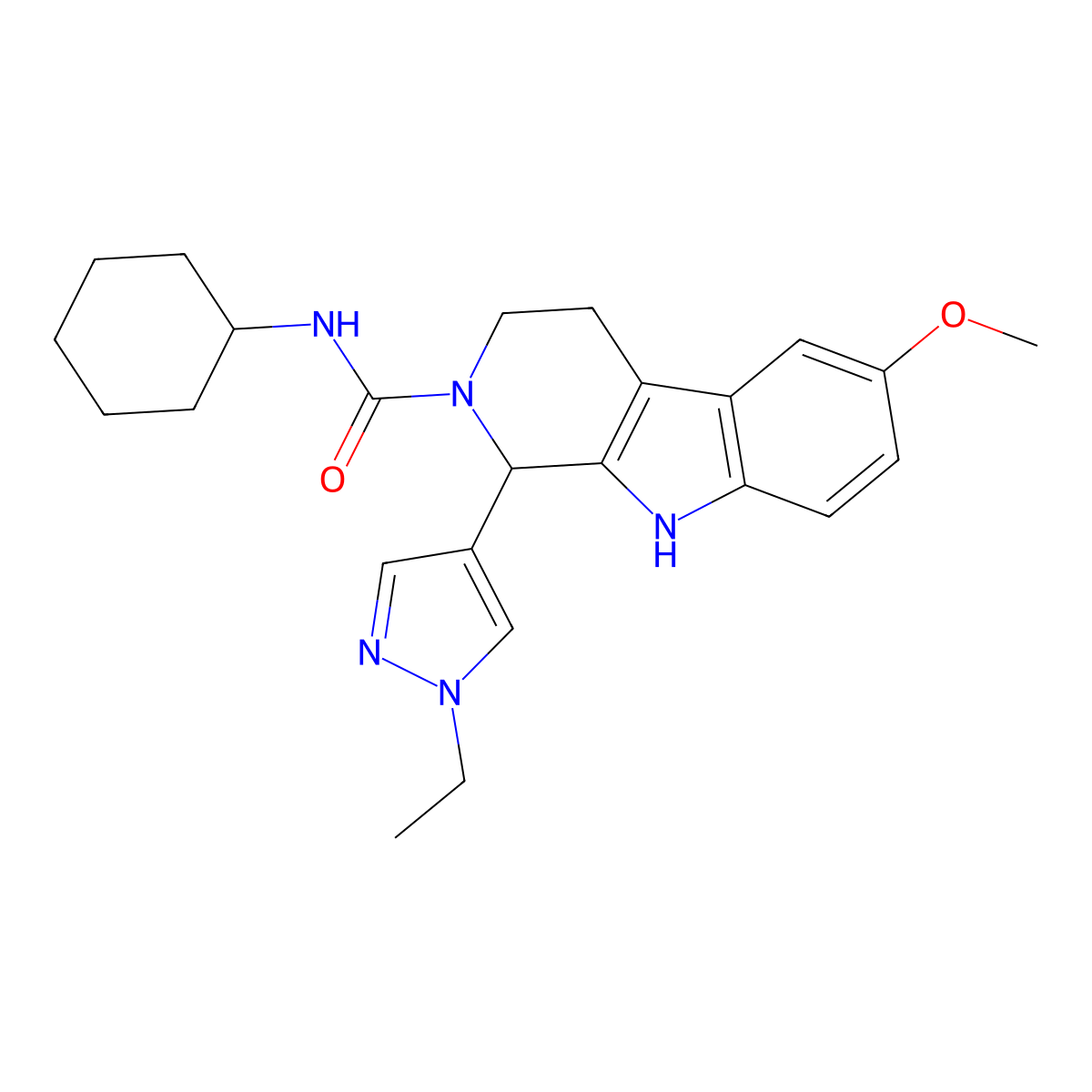 N-cyclohexyl-1-(1-ethyl-1H-pyrazol-4-yl)-6-methoxy-1,3,4,9-tetrahydro-2H-beta-carboline-2-carboxamide molecular structure, CAS 1006327-58-7