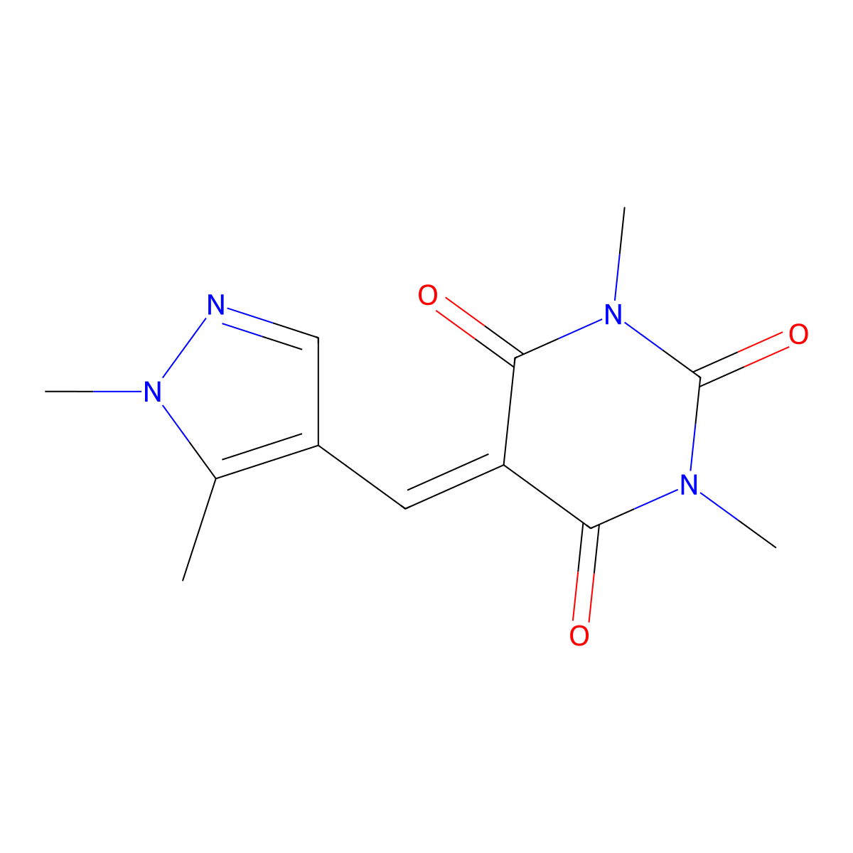 2,4,6(1H,3H,5H)-Pyrimidinetrione, 5-[(1,5-dimethyl-1H-pyrazol-4-yl)methylene]-1,3-dimethyl- molecular structure, CAS 1006328-15-9