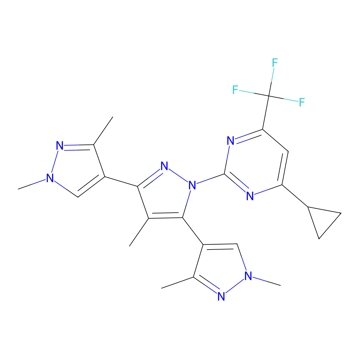 1'-[4-cyclopropyl-6-(trifluoromethyl)pyrimidin-2-yl]-1,1'',3,3'',4'-pentamethyl-1H,1'H,1''H-4,3':5',4''-terpyrazole molecular structure, CAS 1006328-57-9