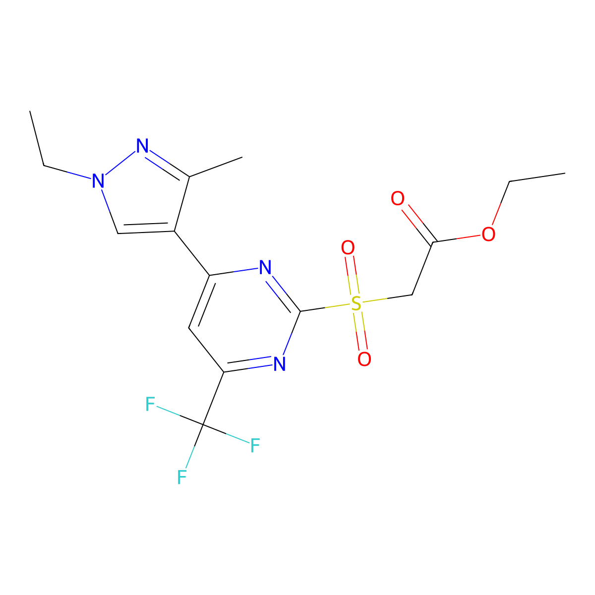 ethyl {[4-(1-ethyl-3-methyl-1H-pyrazol-4-yl)-6-(trifluoromethyl)pyrimidin-2-yl]sulfonyl}acetate molecular structure, CAS 1006328-62-6