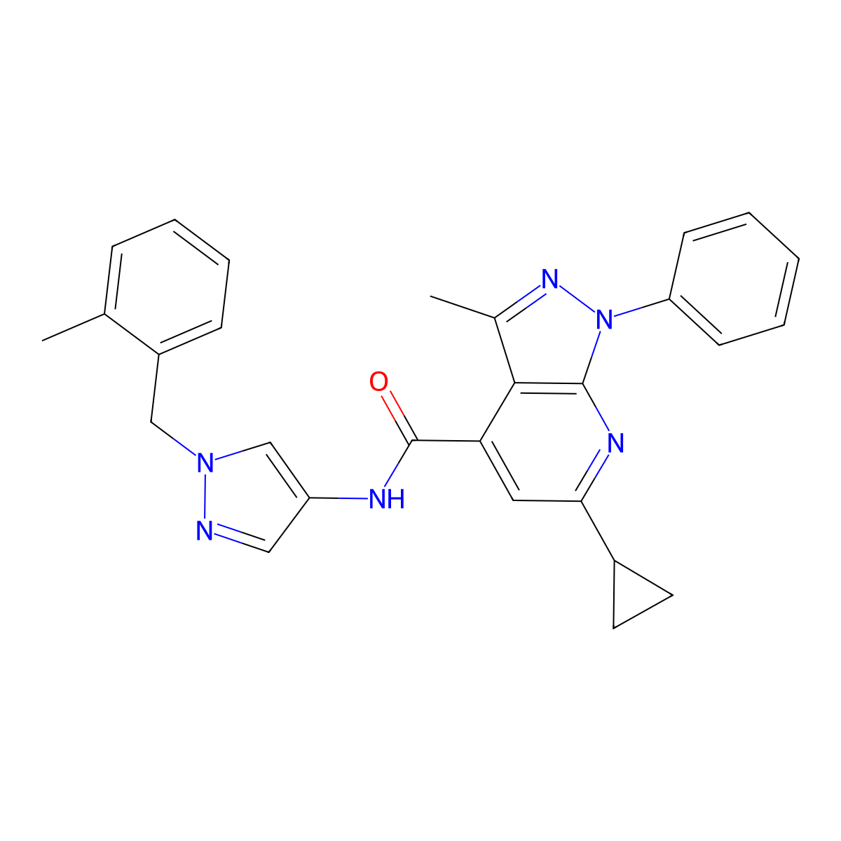 6-Cyclopropyl-3-methyl-N-(1-((2-methylphenyl)methyl)-1H-pyrazol-4-yl)-1-phenyl-1H-pyrazolo(3,4-b)pyridine-4-carboxamide molecular structure, CAS 1006329-03-8
