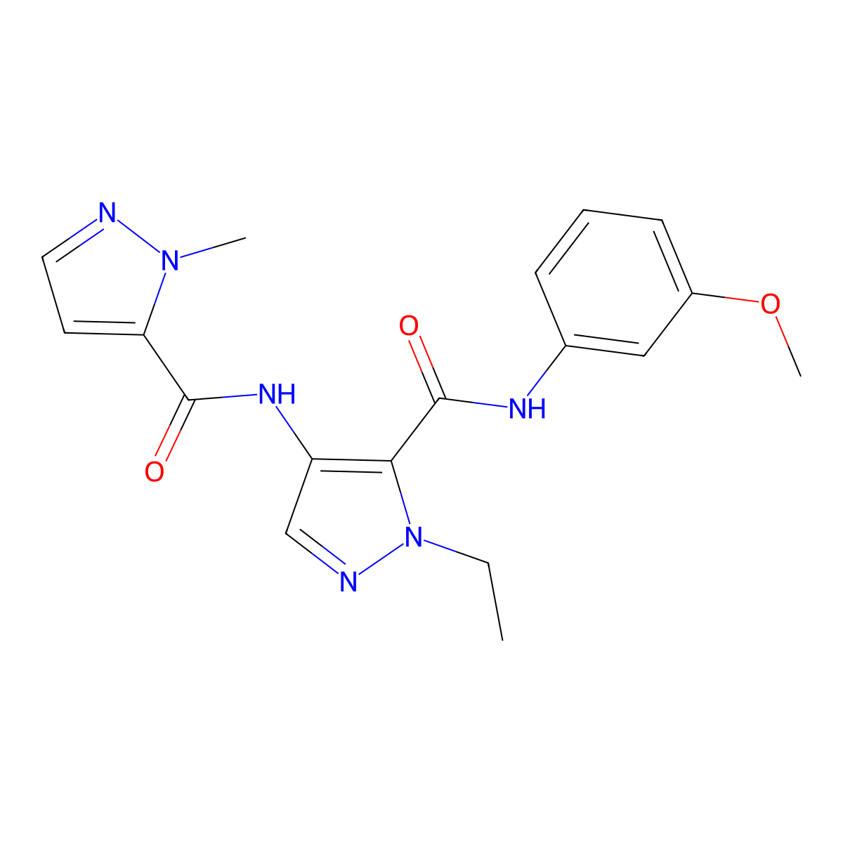 1-ethyl-N-(3-methoxyphenyl)-4-{[(1-methyl-1H-pyrazol-5-yl)carbonyl]amino}-1H-pyrazole-5-carboxamide molecular structure, CAS 1006329-05-0