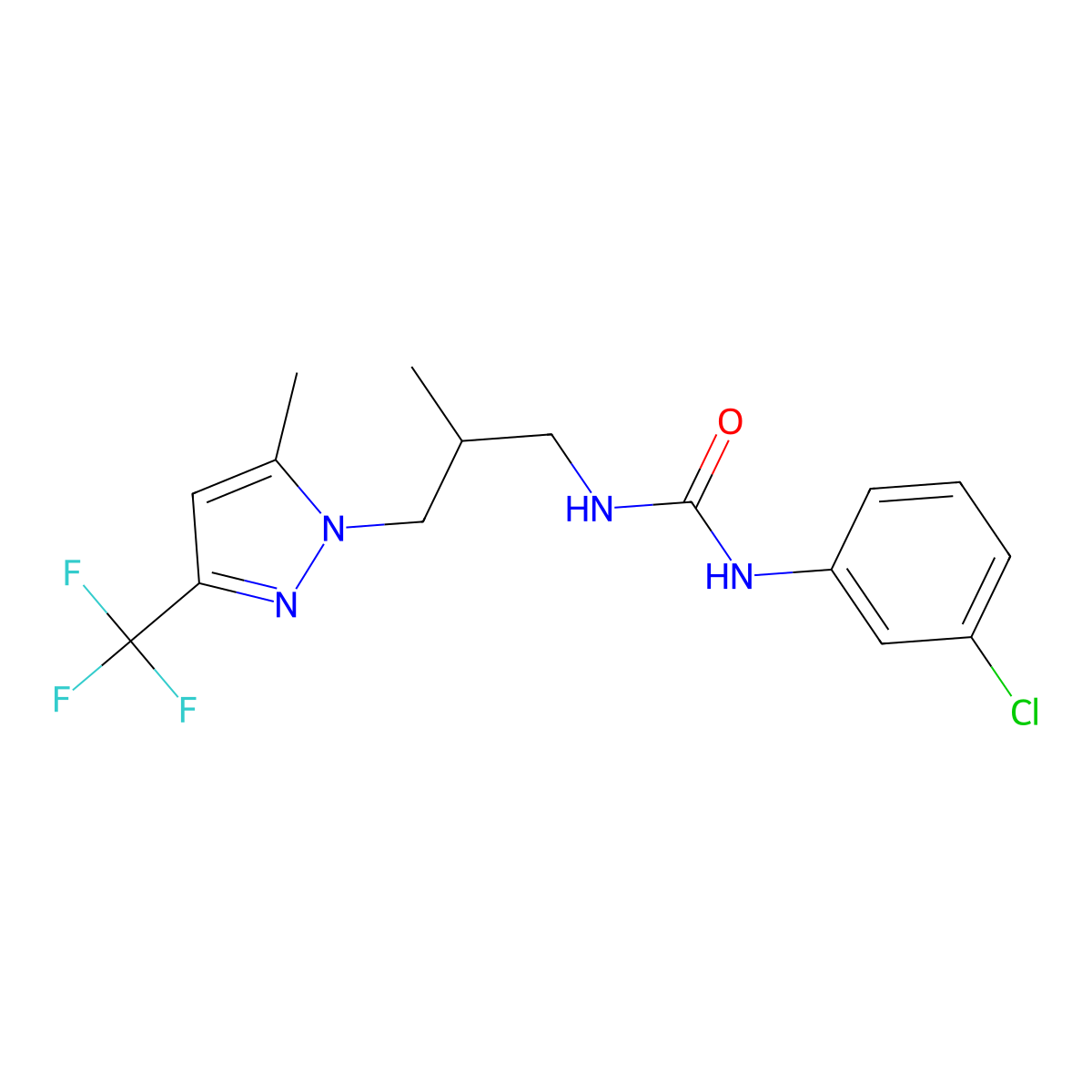 1-(3-chlorophenyl)-3-{2-methyl-3-[5-methyl-3-(trifluoromethyl)-1H-pyrazol-1-yl]propyl}urea molecular structure, CAS 1006329-25-4