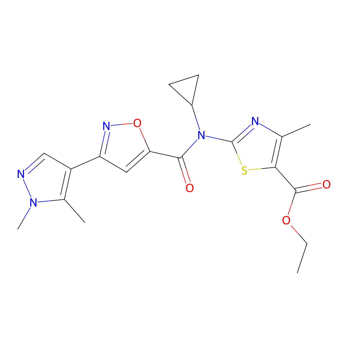 ethyl 2-(cyclopropyl{[3-(1,5-dimethyl-1H-pyrazol-4-yl)-1,2-oxazol-5-yl]carbonyl}amino)-4-methyl-1,3-thiazole-5-carboxylate molecular structure, CAS 1006330-18-2