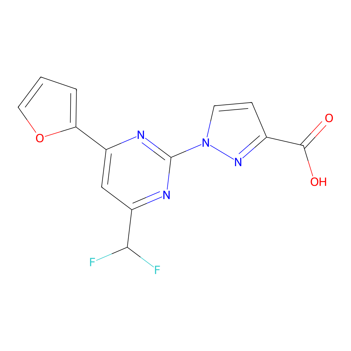 1-(4-(Difluoromethyl)-6-(furan-2-yl)pyrimidin-2-yl)-1H-pyrazole-3-carboxylic acid molecular structure, CAS 1006330-25-1