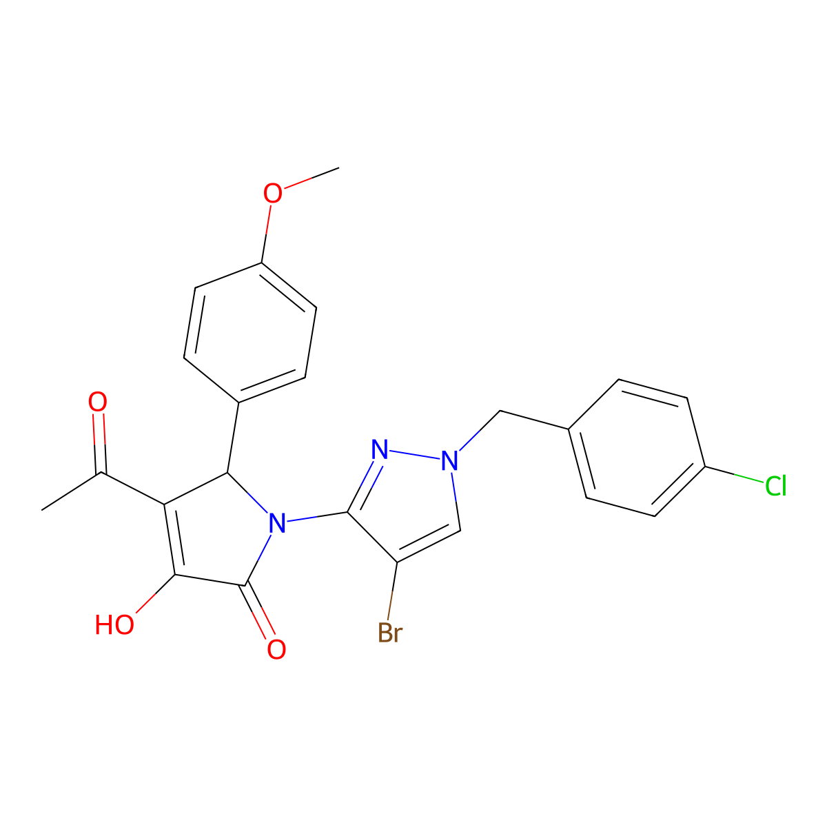 4-acetyl-1-[4-bromo-1-(4-chlorobenzyl)-1H-pyrazol-3-yl]-3-hydroxy-5-(4-methoxyphenyl)-1,5-dihydro-2H-pyrrol-2-one molecular structure, CAS 1006332-26-8
