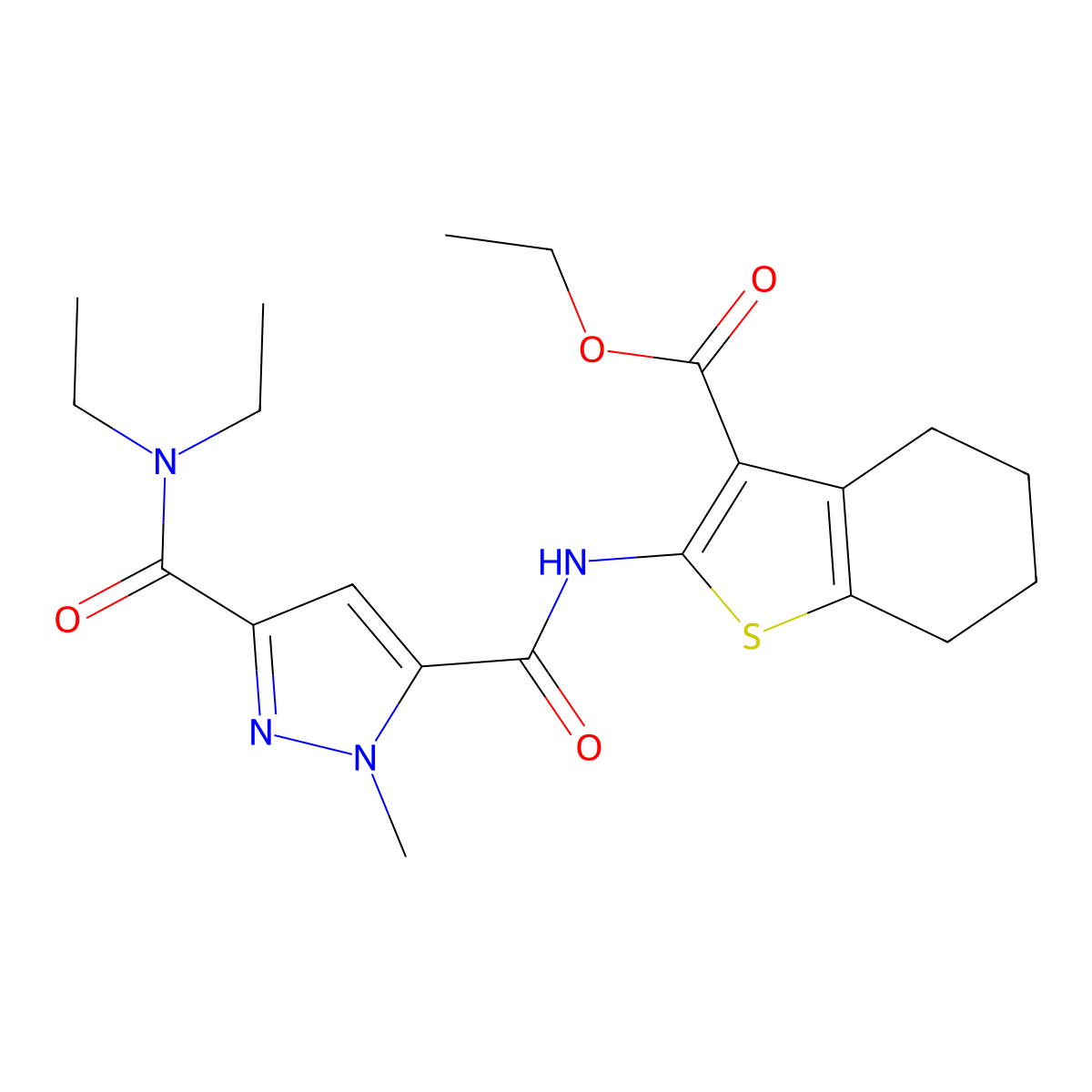 ethyl 2-({[3-(diethylcarbamoyl)-1-methyl-1H-pyrazol-5-yl]carbonyl}amino)-4,5,6,7-tetrahydro-1-benzothiophene-3-carboxylate molecular structure, CAS 1006332-35-9