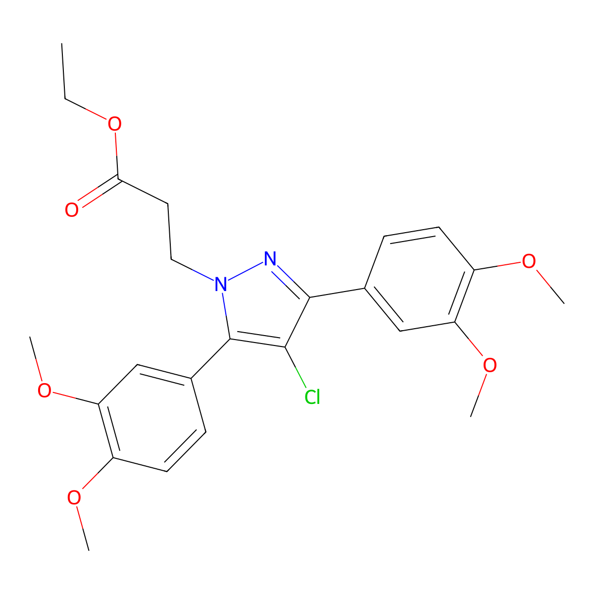 Ethyl 4-chloro-3,5-bis(3,4-dimethoxyphenyl)-1H-pyrazole-1-propanoate molecular structure, CAS 1006333-33-0