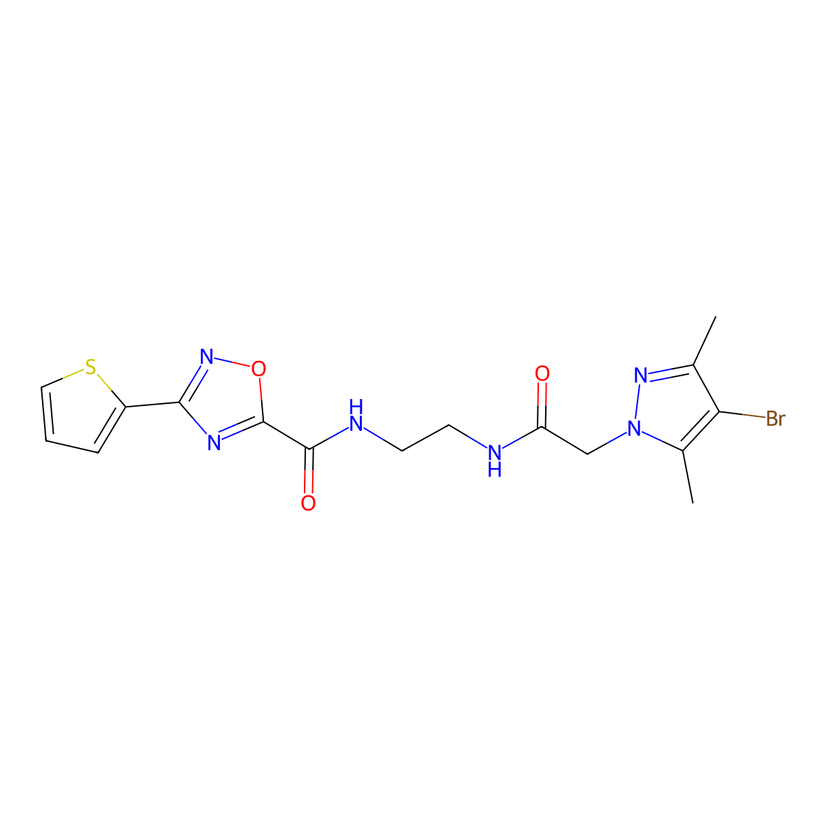 N-(2-{[(4-bromo-3,5-dimethyl-1H-pyrazol-1-yl)acetyl]amino}ethyl)-3-(thiophen-2-yl)-1,2,4-oxadiazole-5-carboxamide molecular structure, CAS 1006334-02-6